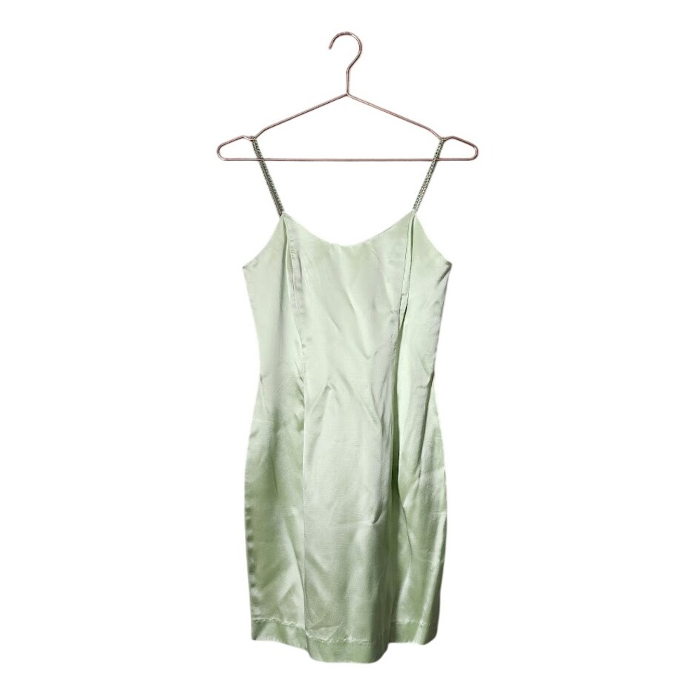 JESSICA MCCLINTOCK 90s Y2K Satin Slip Dress Mint Green Rhinestone McBling 5/6